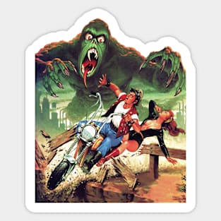 REVISTANGO #74 - The Monster from the Smoke—Biker Couple Escaping Green Creature over Broken Bridge in 1970s Vintage Pulp Horror Illustration of Fear, Motion, and Retro Terror Sticker